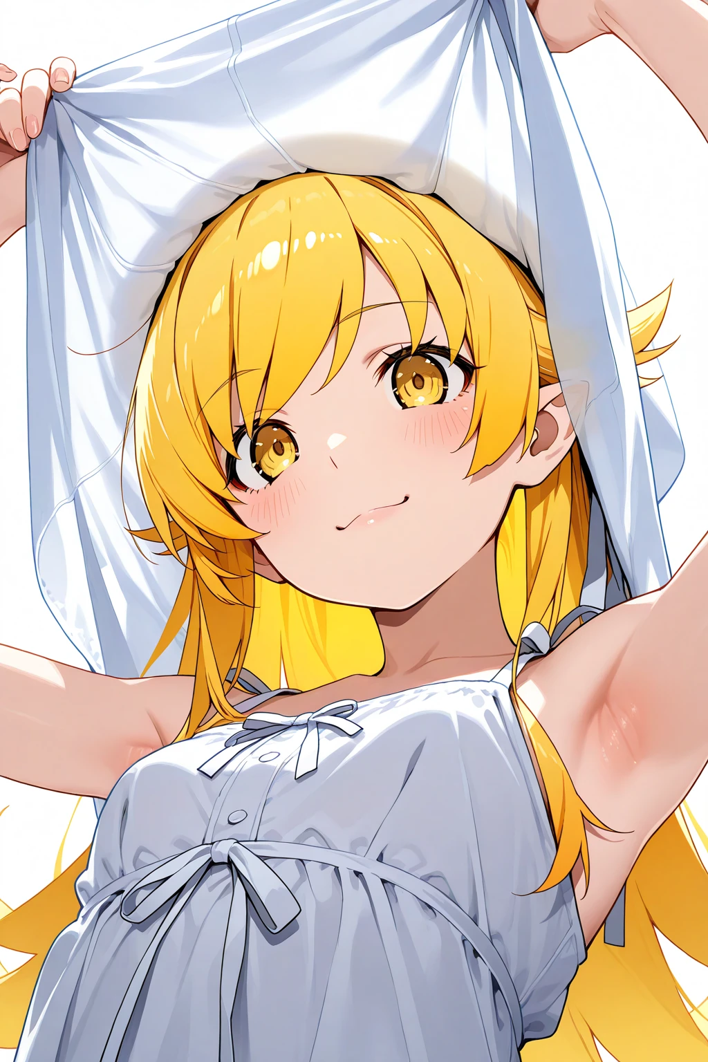 anime screencap, 1 girl, Upper body, kagamine rin, yellow hair, nsfw, nude, embarrassed, breast focus, from front, beautiful face, cute, white background,