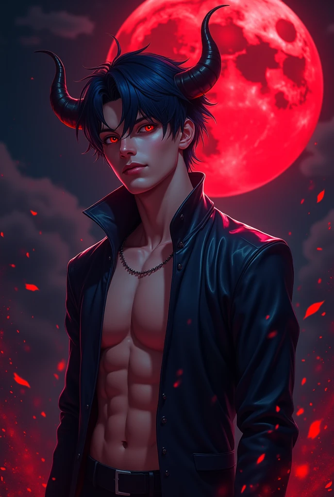 absurd, high resolution, ultra detailed, HDR, masterpiece, Manhwa, best quality, Eiden, violet hair, expressive yellow eyes, Nu Carnival, solo, tanned skin, sexy man, handsome, horny, lewd, demon, horns, clothes black leather, red cape, accessories, showing chest, red sky, red moon, red trees, red spider lilies, fantasy, black magic, magical