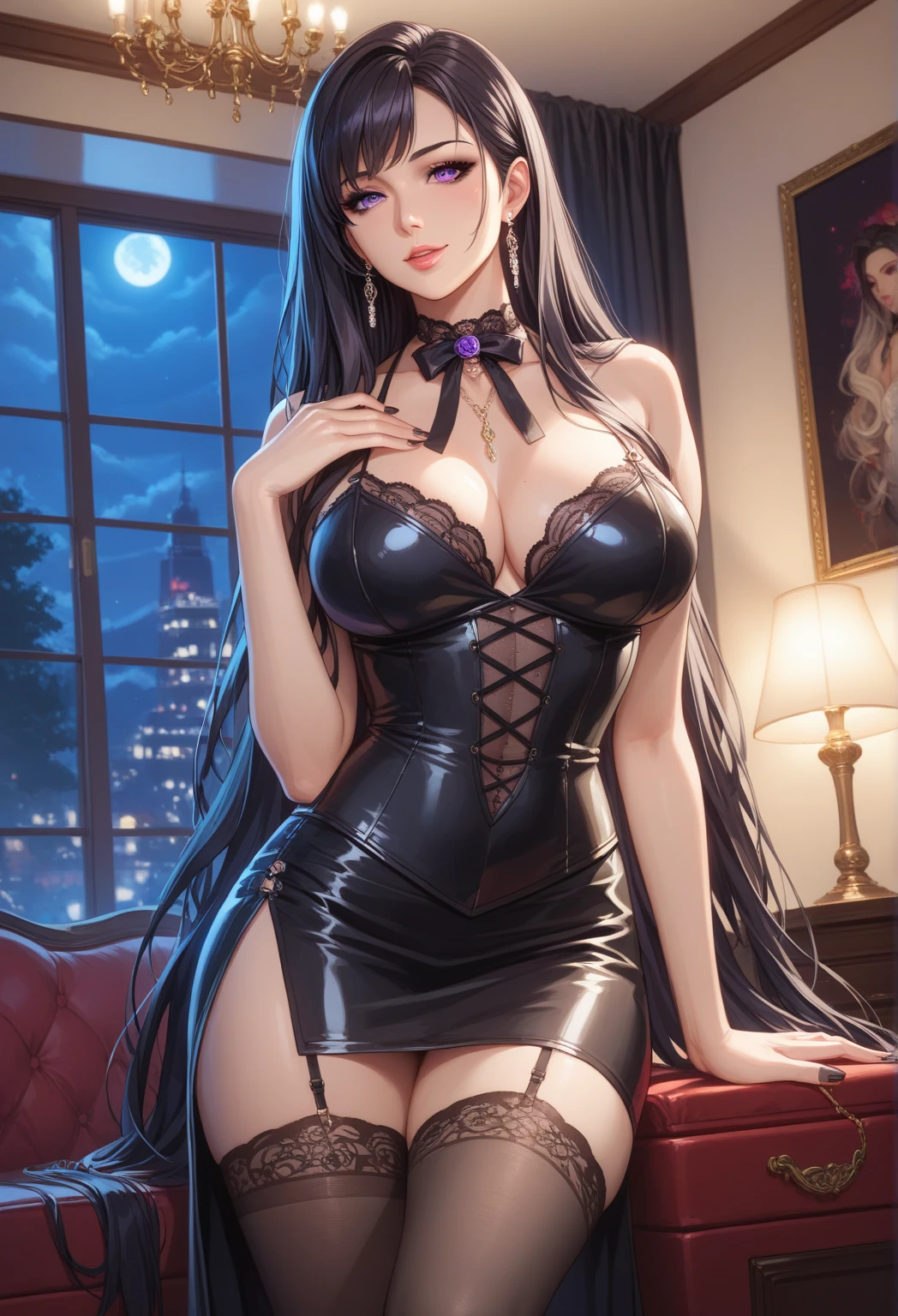 couple, 1 Girl 1 Boy, different hair color, Long black hair and purple eyes, Short blonde hair and green eyes, Romance, Illuminated suites, Silk V-neck low-cut mini dress, Europeans, Luxury room background, Handsome face, Romantic, Have sex。Extreme detail, Digital art, 8K, Ultra HD,
