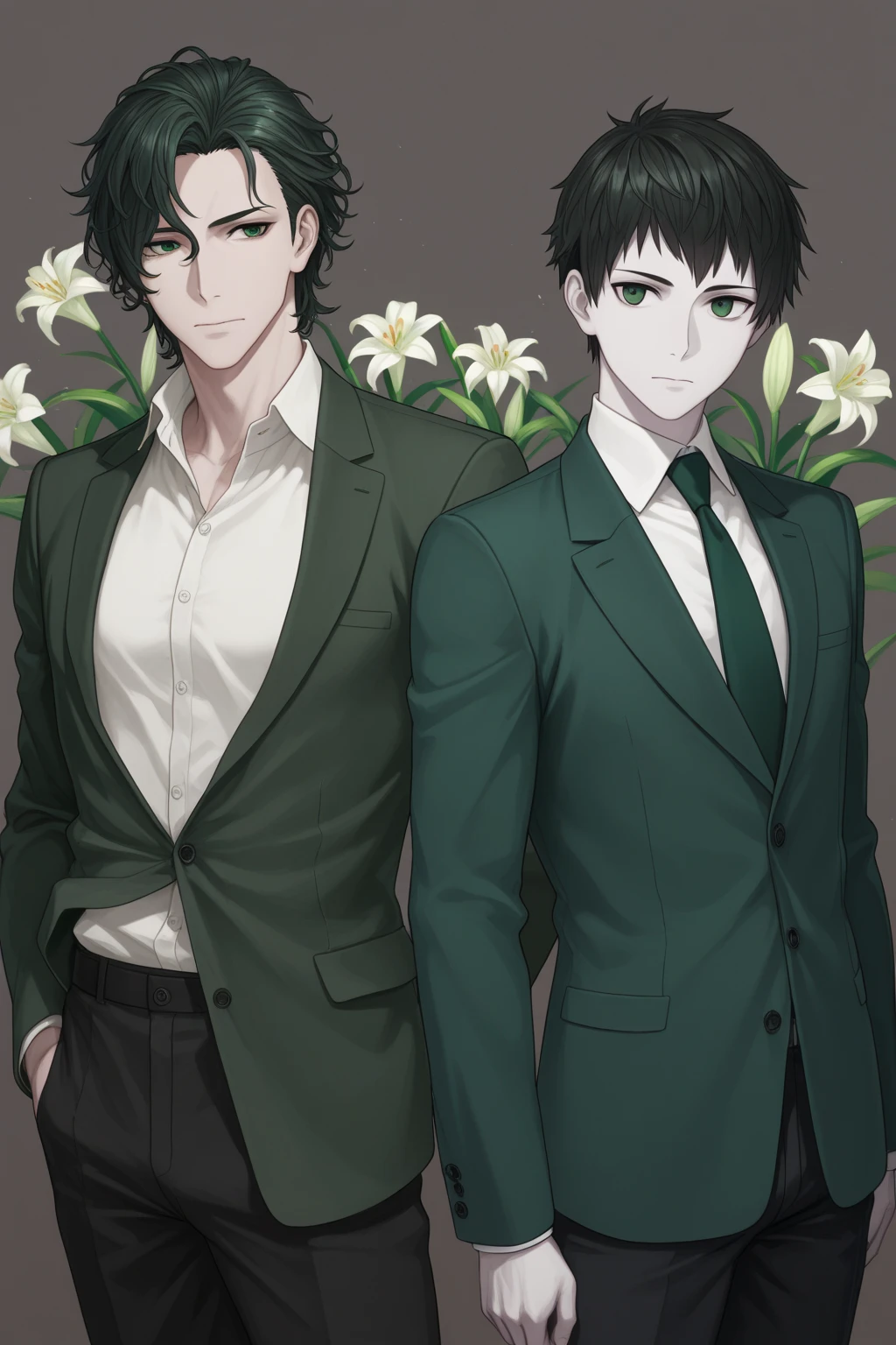 1. Rodrigo is adorned in a dark green suit jacket, a blackish purple shirt, a green tie, black trousers, and a pair of black leather shoes. Additionally, he sports a hood that appears to be seamlessly attached to his suit jacket, along with black gloves enveloping his hands.
