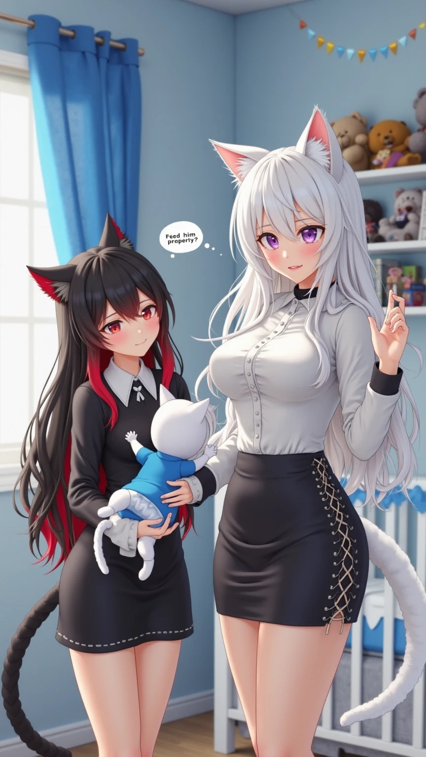 (1girl:1.2), ((furry, anthro, wolf girl, wolf Ears, wolf tail), smile, looking at viewer, arms behind head, long hair, white hair, blue eyes, (virgin_destroyer_sweater:1.5), sideboob, underboob, white panties, white thighhighs, indoors, hallway , realistic, photo, kissing her 5 yr old son