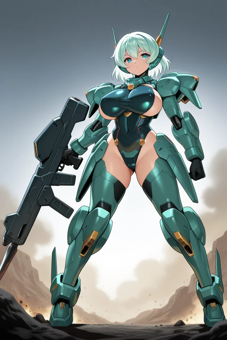 A muscular 21-year-old female,Wearing green doomguy doomsday ocean armor,Big breasts,Holding a huge futuristic rifle,Walking the corridors of the future space station,cleavage