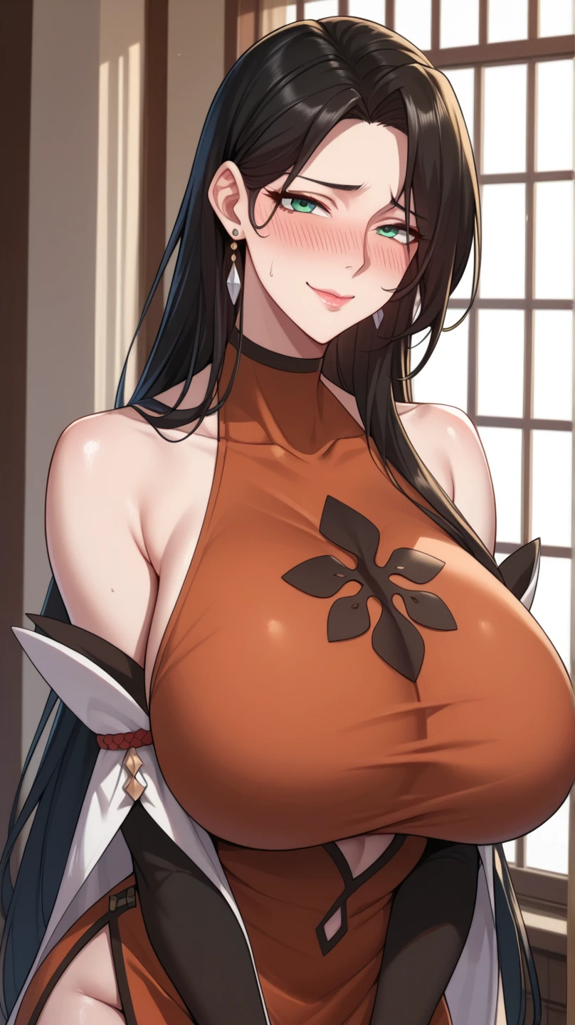 An anime-style artwork depicting ruan mei from the game Honkai star rail.

Tags: ruan mei, anime, detailed eyes, detailed lips, crop top, turtleneck, pencil skirt, smiling expression, intense gaze, glowing emblem on hand, dynamic pose, mystical background, vibrant colors, digital art, high-resolution, professional quality, gigantic breasts, (underboob : 1.4), curvy, cowboy shot, (gigantic breasts: 1.4), (red eyes: 1.4), (black hair: 1.4)