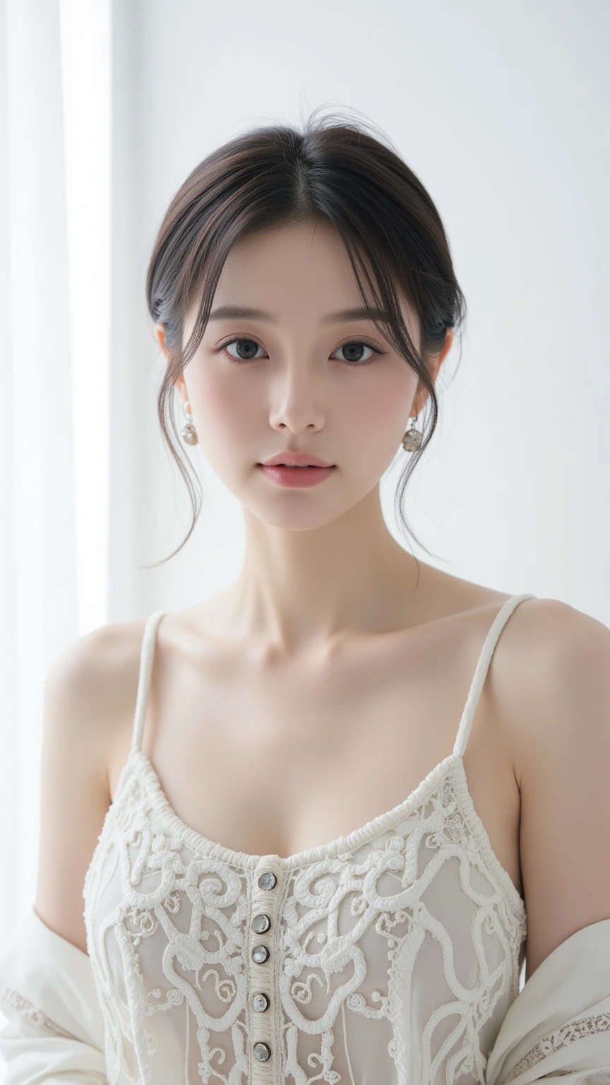 (large round breasts: 1.6), very delicate and beautiful, masterpiece, highest quality, ultra high resolution, 16k, photorealistic, ultra detail, narrow eyes, 1 girl, all white, forehead, black hair , solo, ((very voluptuous glamor)), narrow slit eyes, dark eyes, sparkling eyes, black hair, gloves, dress, luxurious jewelry, earrings, piercing eyes, elbow grooves, hair tied back with hands raised, transparent Demi - cup off-shoulder bra in random colors, transparent short dress in random colors, long eye makeup, narrow eyes, smile, lipstick, complex petal pattern, rim light, backlight, pastel color, studio lighting.