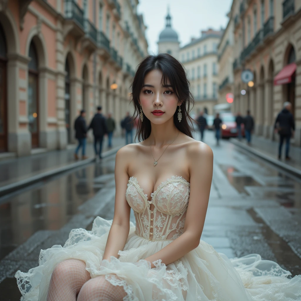 Fallen European princess,favela,dark alley,,and hold your head in your hands,Close your eyes and enjoy,dim murky lights,squatt,spread your legs,and hold your head in your hands,one shoulder princess dress,ear nipple ring, Underarms, jewely, jewelry bracelet, adiamondnecklace,There is garbage everywhere,Extravagant headwear,Commuting pure white small high heels, The whole body is dripping,Pointed-toe heels,A sagging breast, white skinned, 8K, delicate lips, A detailed eye, 二重まぶた