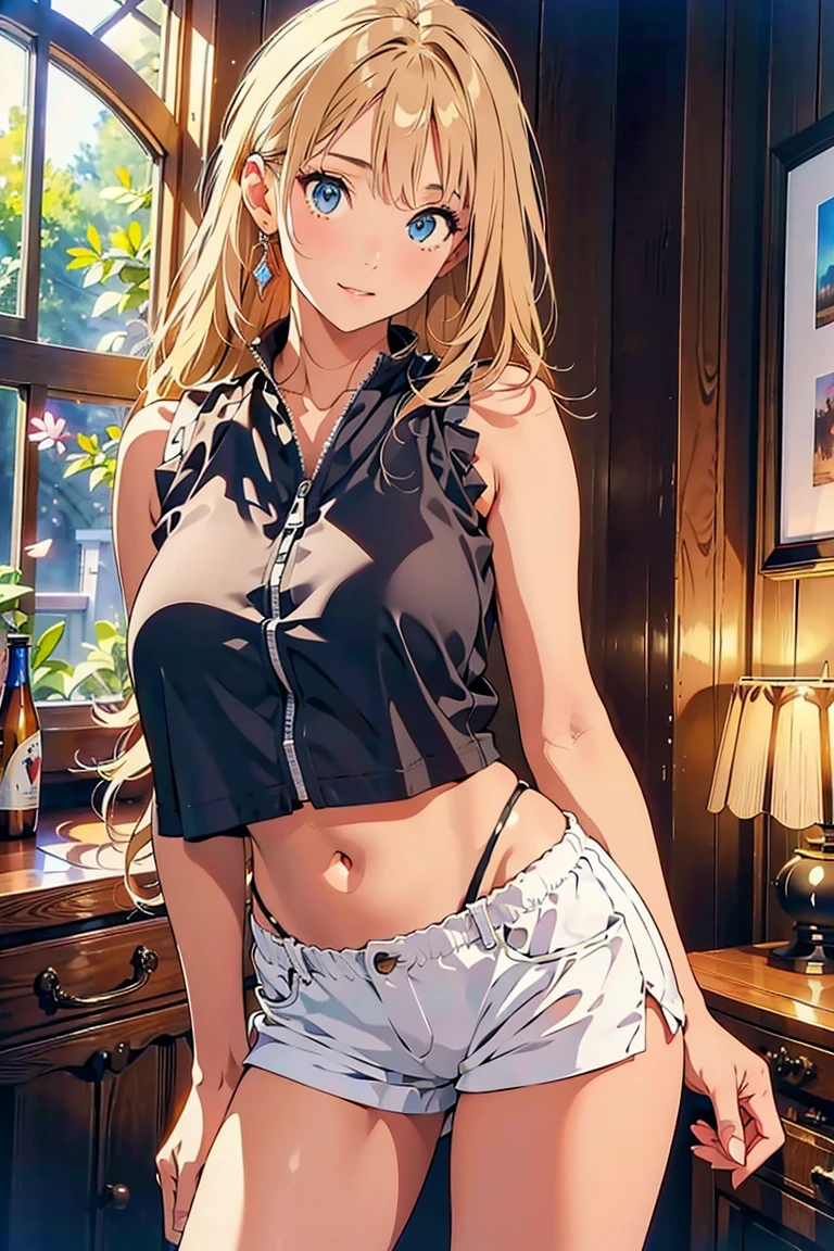 beautiful girl lifting shirt, bare breasts, medium sized breasts, cut-off shorts, beautiful eyes, cute face, perfect body, looking at viewer, blushing, high quality, masterpiece, sunset, outdoors