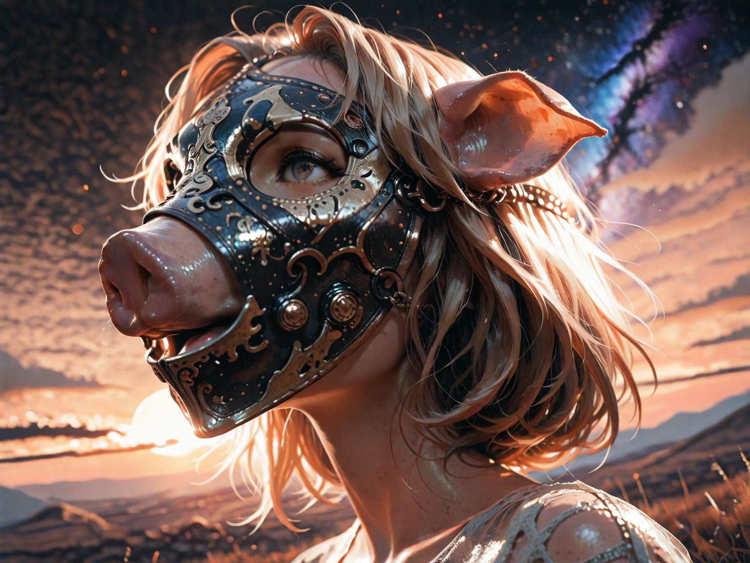 (not_furry:1.3), (human_focus:1.2), female, bimbofication, (girly:0.9), animal_ears, small_breasts, (black((latex:1.4)|(overalls:1.1):1.2):1.1), (colorful:1.1), cosplay, (bovine_humanoid:1.2), farm, outside, (white_skin:1.3), multicolored_hair, (clown_makeup:1.1), lightning, (fantasy:1.3), (medieval:1.2), (magic:_the_gathering:1), (official_art:1.3), (digital_painting_\(artwork\):1.1), <lora:clowncore:0.5>