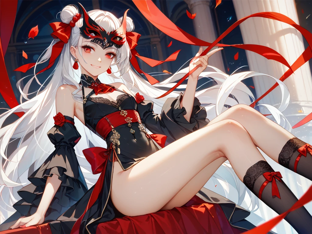 a girl，Sheep&#39;s horn, full color,  long white hair, Red眼睛 ，Eyeliner,  black transparent clothes, Red, open air, Rose, night, ruins, Butterfly，mine same as the original, mine, , (:1.2)
rest, (cheongsam), (view from below), (Put your arms behind your back), (wild lift), thin dress, Crotch cutout, best quality, high resolution, unified 8k wallpaper, (illustration:0.8), (Beautiful and delicate eyes:1.6), extremely detailed face, perfect lighting, Very detailed cg, (perfect hands, perfect anatomy),soles of feet，sitting，blond，red lips，Acting cute，脚部close up，up-close，Complete feet，white stockings，close up