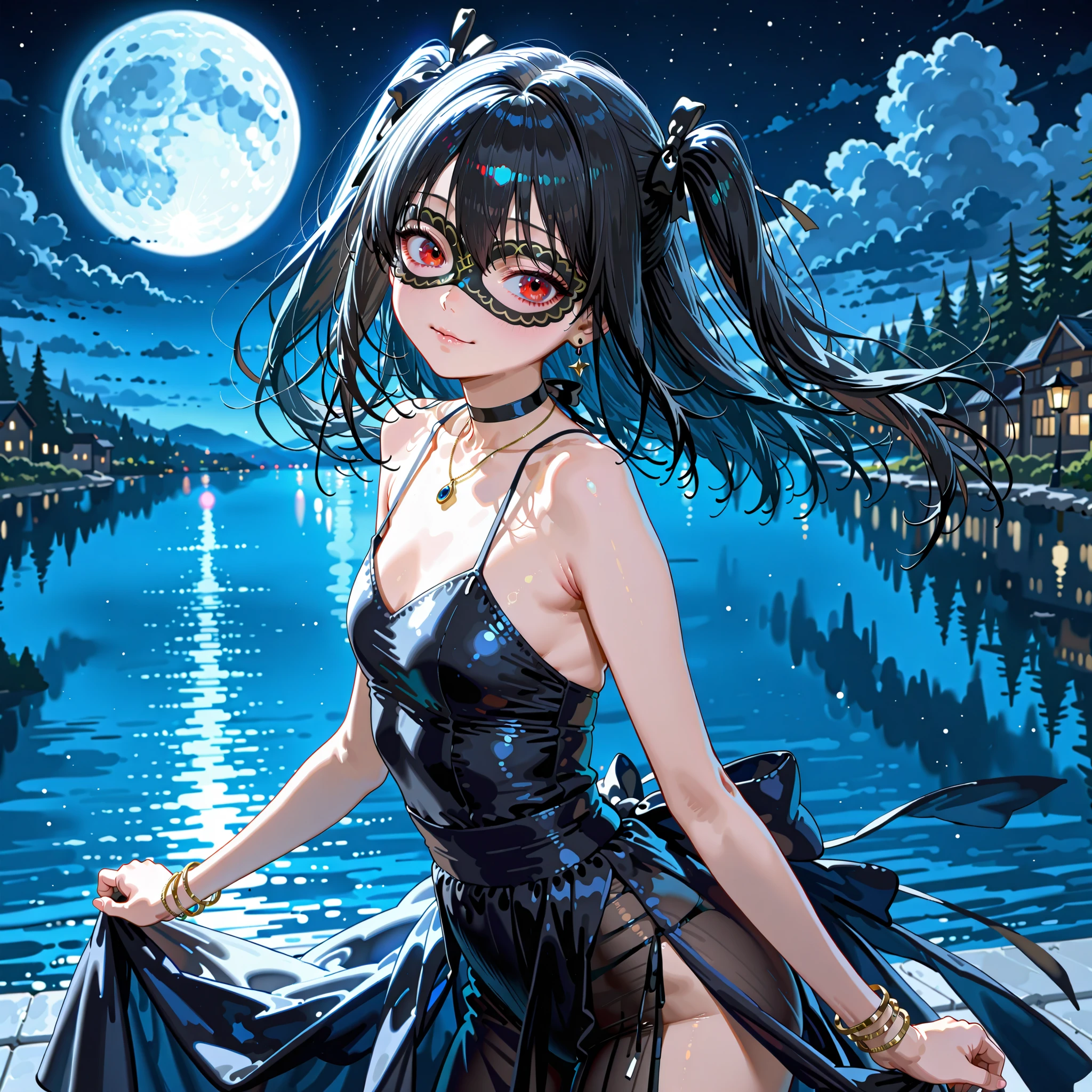 night、Under the full moon、lake、young woman、Vampires、dance party eye mask、Red Eyes、Dance Party Dress、masterpiece、top quality:1.5