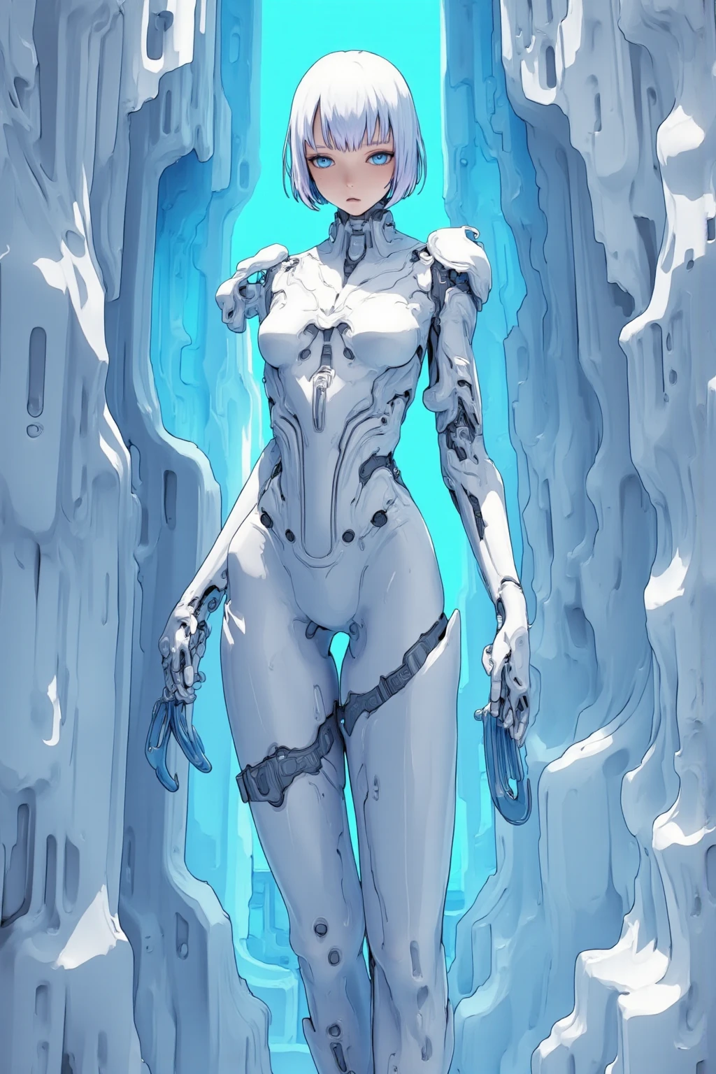 ((masterpiece, best quality)),(official art, beautiful and aesthetic:1.2),((ultra-detailed)), (highly detailed CG illustration), ((an extremely delicate and beautiful)),1girl,(mechanical girl:1.6),(mechanical jaw:1.5), robotic body, solo,(see through,see-through:1.5),glass,((glass bust, mechanical parts,cyborg)),((mechanical ribs)), sci-fi, skull, white bodysuit, (skeleton:1.3),(heroic pose,action pose:1.2), sky, cloud, (raining:2), outdoors, post apocalypse city,destroyed buildings, rose, expressionless, multicolored hair, black hair, pink hair, red eyes, white skin, looking at viewer, short hair, small breasts, red rose,holding a rose, depth of field, <lora:whiteBodysuit_v15:.5>
