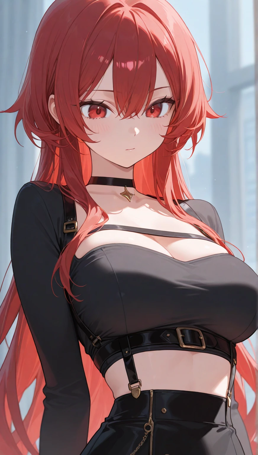 male to female trans, full, pursed lips, freckles, long curly red hair with bangs, crystal blue eyes with smoky eyeshadow and black eyeliner, semi-matte black lipstick, pale to sun-kissed skin, smug and seductive smile, teal sundress, big futanari genital bulge
