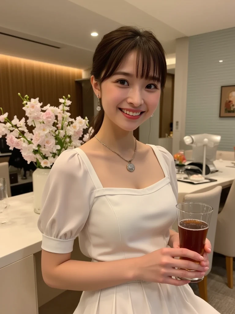 (hair, Ultra-high resolution, Highest quality, masterpiece: 1.2), (Realistic, photoRealistic: 1.37), Very detailed, 1 pretty woman, (slimな顔), (The body is slim), (Brown Hair), (Shortcuts), cheeks turn a little red, (Age 25), Age 25, alone, 窓の外の美しい詳細な都市のnight景, restaurant, wine glassが座る, nightに, NovaFrogStyle in a prominent place, actress, model, Upper Body, White wine, slim, wine glass, Super Clean night View, wine glass Put in the Middle, Happy smile, (smile: 1.15), Beautiful Eyes, Upper Body, Destroy Japan, night, short, short, actress, model, Upper Body, White wine, slim, wine glass, Super Clean night View, wine glass Put in the Middle, Happy smile,Sleeveless dress、Dress code、Chic dress、Dress color is random