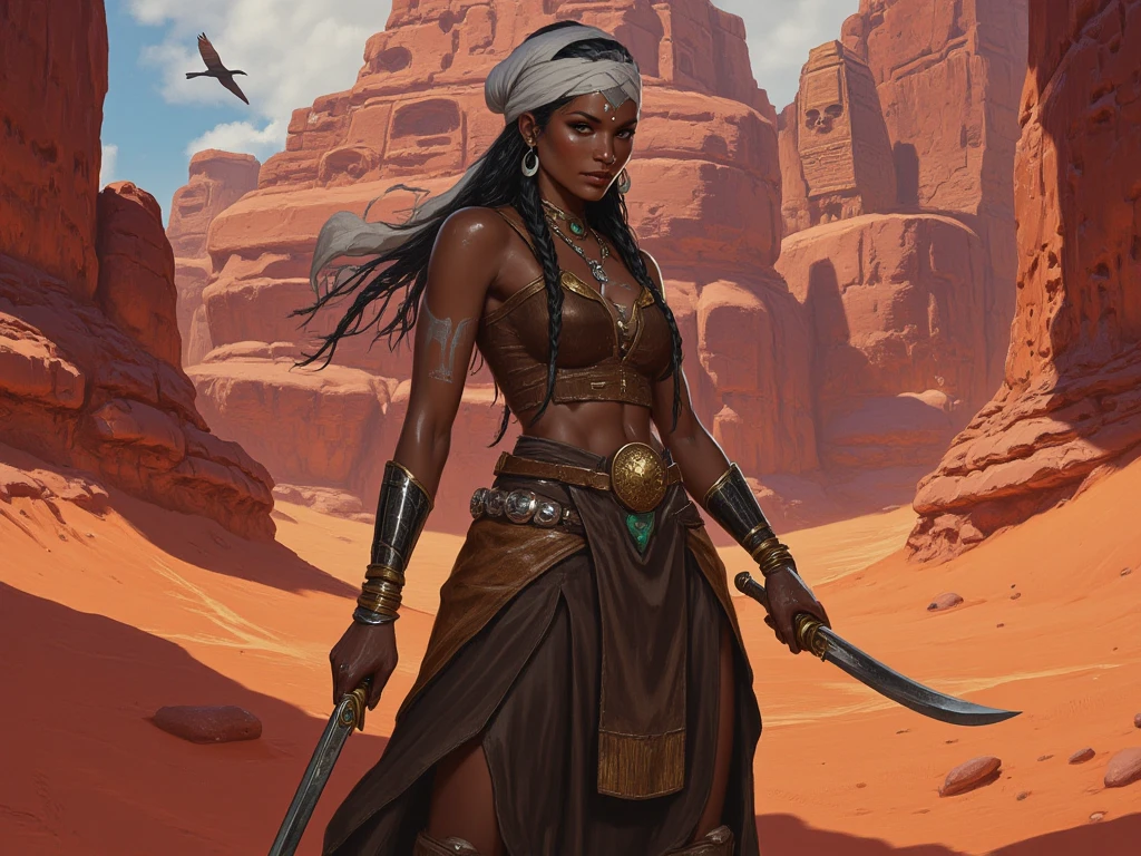 Digital Painting Realistc Fantasy. Best quality, masterpiece, 8k, 4k, ultra-detailed, cinematic, HDR, RAW look, macro detail, premium quality, ultra-high resolution, volumetric lighting, ray-traced
Three-quarter view fantasy portrait of a dark-skinned elven woman with golden desert-warmed undertones. Her features are bold and noble: broad defined nose, firm jawline, amber eyes with a faint gray sclera, one iris marked with an eight-pointed star — sacred sigil of her matrilineal clan. Hair tightly braided in fine concentric rows, ends adorned with matte silver tubes. Wears silver nose piercings and a discreet mother-of-pearl ear plug. Indigo tribal tattoo zigzags from chin to collarbone; hands and neck inked with fine ceremonial marks. Clad in desert ranger-mystic attire: natural-dyed leather vest reinforced with bronze geometric plates, dark linen tunic split for agility, wool hem. Legs wrapped in hand-dyed suede boots laced to the knees. Holds two curved sabers with mirrored blades etched in tifinagh runes — the right blade gripped tightly and raised diagonally across her body in guarded stance; the left held low and angled behind her, ready to strike. Grips wrapped in aged white leather with oxidized silver accents. Layered necklaces of raw amber, ceramic beads, and silver hamsa charms cascade over her chest; fingers wear turquoise-inlaid rings. A white turban with a diagonal indigo stripe crowns her head, adorned with a central crescent-shaped metal seal of magical lineage. She stands alert in a deep red canyon; sunlight from the left sculpts sharp shadows on bronze, leather, and fabric. Sand vortex rises at her feet; cloak and turban ripple in the wind. In the sky, short-winged birds glide over ancient rock formations — one shaped like an ancestral face watching in silence. Palette of sand, rust, matte silver, burnt ochre, and deep indigo. Mood is resolute and mystical. Stylized painterly realism evocative of fantasy RPG worlds.
