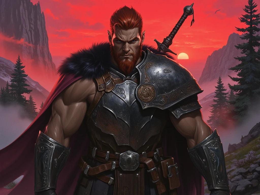 Best quality, masterpiece, 8k, 4k, ultra-detailed, cinematic, HDR, RAW look, macro detail, premium quality, ultra-high resolution, volumetric lighting, ray-traced
Three-quarter view portrait of a battle-worn male elf, positioned slightly left of center, with pointed ears and fiery red hair styled like a Scottish highlander. Middle-aged appearance, muscular build, and stern, serious expression. His piercing gaze is direct and unwavering. Clad in full dark grey-silver armor with intricate Celtic knotwork etched into pauldrons and arm bracers. Armor crafted from aged plated metal with weathered surface, dents, and patina from prolonged combat use. Wears dark-grey trousers tucked into worn leather boots. Draped over his shoulders is a heavy wool cloak with a fur-lined hood, rough in texture, falling naturally over the armor. A large broadsword with etched runic motifs is held in his right hand, resting against his leg; hilt is leather-wrapped with metallic detailing. Around his waist is a leather belt with ornate silver buckle and several pouches and sheathes hanging from it, visibly used and worn. Background features a dramatic Scottish-style highland: jagged hills, clusters of dark green pine trees, and rugged terrain. On the left, diffused morning mist with muted beige hues; on the right, vivid red light from a setting sun cascading over the hills. Painterly fantasy illustration style, with visible brushstrokes and rich texture blending. Atmospheric lighting creates strong highlights and shadows across armor and terrain. The scene evokes a heroic, solitary warrior — proud, seasoned, and steeped in myth. Composition and visual storytelling draw from epic high-fantasy RPG aesthetics, inspired by artists like Tyler Jacobson and Dmitry Burmak.