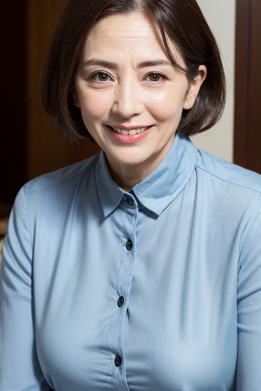 最high quality, In 8K, whole body, Real, Upper Body, high quality, High resolution, Detailed face, Detailed eyes, Thick lips, (Look at the viewers), alone, Middle-aged women, , 60 years old, , Wavy Hair, , Wearing short sleeves, Standing in front of a fountain, Wrinkles around the eyes, Smiling with teeth showing, Background Blur
