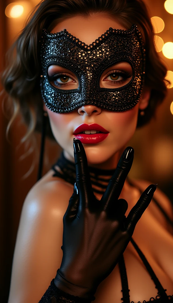 Woman getting ready for a masquerade,places a mesh eye mask to wear at a masquerade ball in the center of the screen,Attach the choker to the eye mask,Mask with beautiful shining decorations , Embrace a mask,place a mask in the center of the screen,I can see women、Only hands are shown,masquerade illustration , Vivid details, artilove blow style ,Bar scene , Picture , photo-realistic , very detailed,Movie Lighting/(Greatest Masterpiece/top quality/high resolution)Hydrated red lips/"shiny skin floats below the waist"nail/black see-through gloves · elegant mesh gloves/sexy/close his mouth//big boobs/