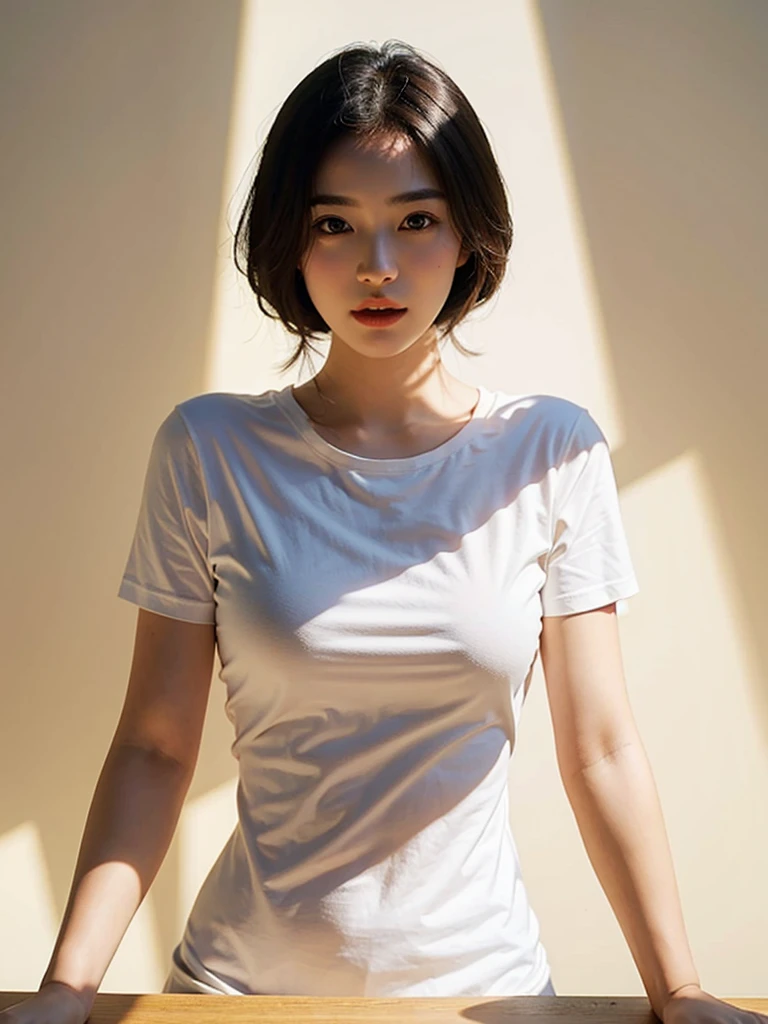 Highest quality、masterpiece、Ultra-high resolution、(Realism:1.4)、 1 person、In a pale background、Deep Shadow、Low Key、Shortcuts、Upper Body、sex appeal、Wearing a thick T-shirt、Cosmetic CM
