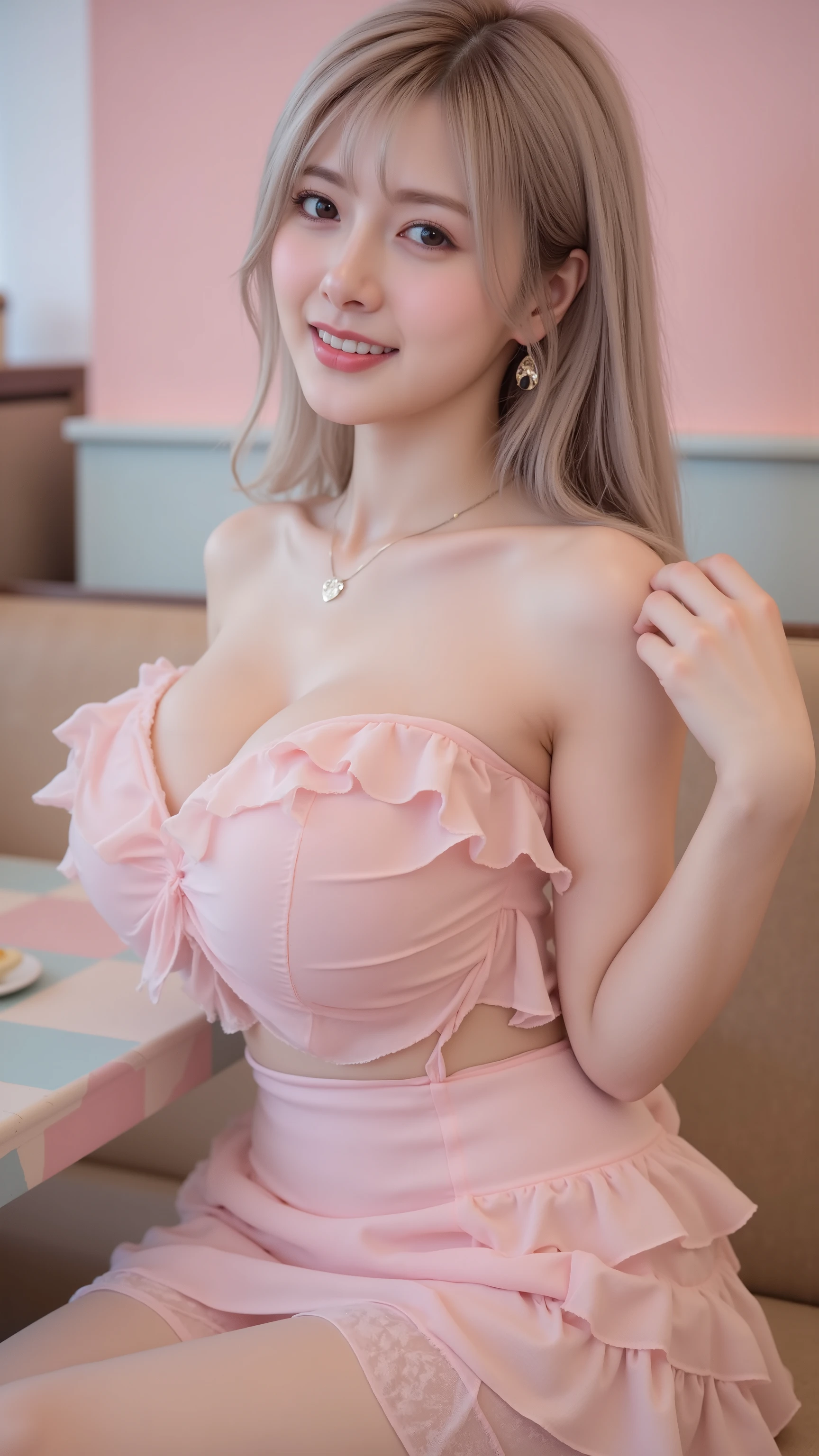 1 young girl, 19yearolds,((long dark-grey hair mixed with white and blonde hair on shoulder,Medium-length hair with a choppy layers style)), RAW photo, (best quality),high resolution, Ultra detailed, masterpiece,(photorealistic: 1.4), (realistic skin texture: 1.5), Show off beautiful large breasts, close-up large cleavage, gigantic cleavage breasts, bare breast, plump breasts. Exposed breasts, beautiful tit, beautiful nipple, ((sagging breasts))
• 1 girl, Whole body
• 8k, super realistic detail, ccurate, 8k,anatomically correct, textured skin, best quality,Realism, realistic rendering, depth of field, irresistible charm,good proportions,Facial features: beautiful facial, Soft and inviting, with a sweet expression and warm smile,light smile, shy, embarrassed, naughty face,aqua eyes, Detailed eyes,ruby lip, Gloss on lips, perfect lips, perfect teeth, skin is bright and snow white,The face looked straight at the director,
Portrait of a beautiful woman seated at a pastel café table, wearing a low-cut ruffled sundress in soft baby pink. The sweetheart neckline shows a hint of cleavage, complemented by heart-shaped earrings and a dainty gold necklace. The space is filled with soft ambient light and blush-toned decor.