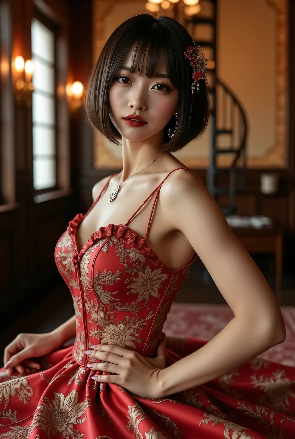 (((An elegant dress with all-over floral embroidery1.3))). Sexual atmosphere.
Dimly lit Western-style mansion late at night, Bewitching hall, bewitching space, seductive pose.
Super beautiful Japanese woman, makeup, light red lips, short bob hair, detailed hair ornament, detailed jewelry,
Glamorous body, huge breasts.
background is indirect lighting, ceiling light, detailed glowing spiral staircase.
Elaborate patterned wall.