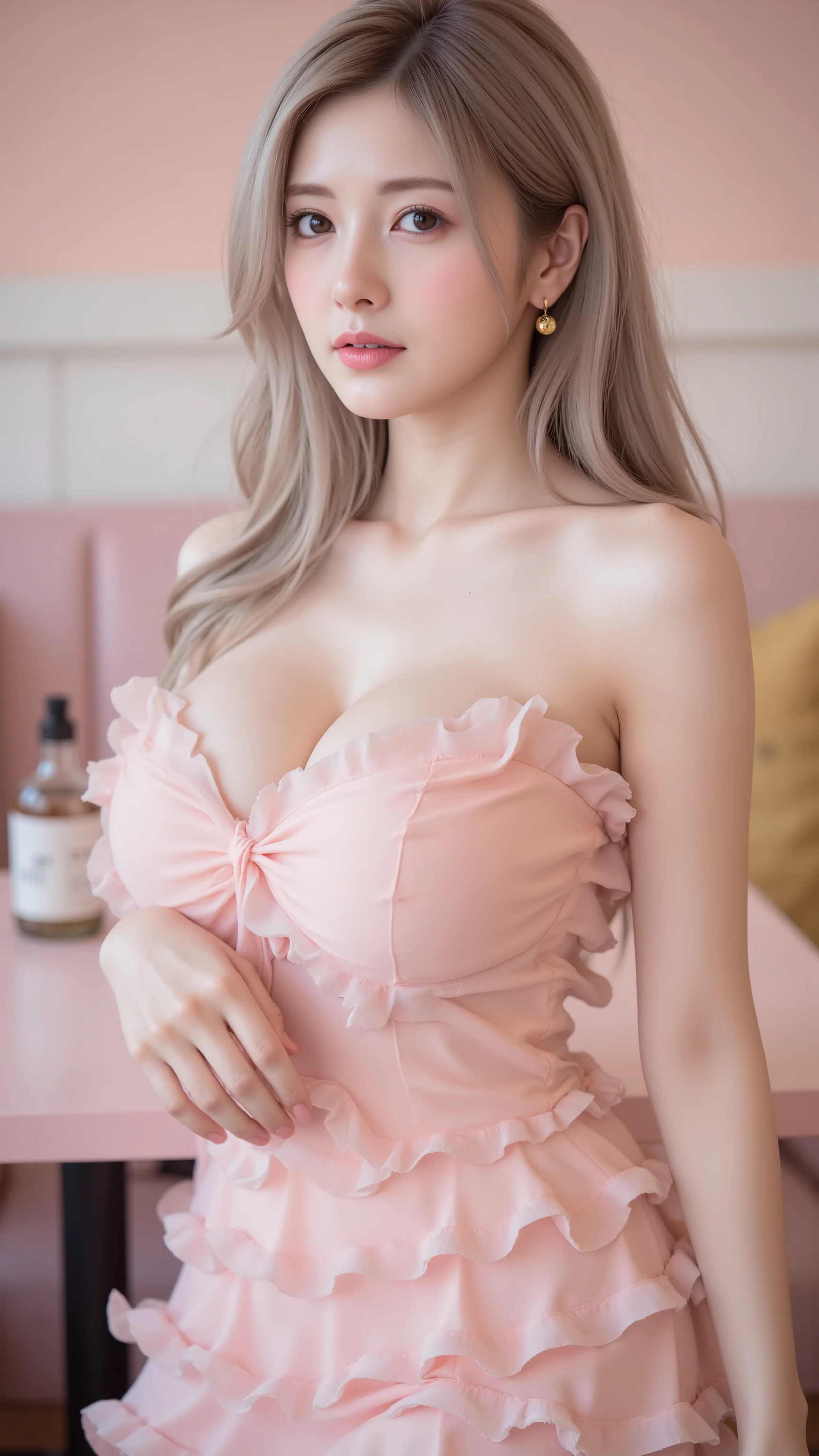 1 young girl, 19yearolds,((long dark-grey hair mixed with white and blonde hair on shoulder,Medium-length hair with a choppy layers style)), RAW photo, (best quality),high resolution, Ultra detailed, masterpiece,(photorealistic: 1.4), (realistic skin texture: 1.5), Show off beautiful large breasts, close-up large cleavage, gigantic cleavage breasts, bare breast, plump breasts. Exposed breasts, beautiful tit, beautiful nipple, ((sagging breasts))
• 1 girl, Whole body
• 8k, super realistic detail, ccurate, 8k,anatomically correct, textured skin, best quality,Realism, realistic rendering, depth of field, irresistible charm,good proportions,Facial features: beautiful facial, Soft and inviting, with a sweet expression and warm smile,light smile, shy, embarrassed, naughty face,aqua eyes, Detailed eyes,ruby lip, Gloss on lips, perfect lips, perfect teeth, skin is bright and snow white,The face looked straight at the director,
Portrait of a beautiful woman stand with elegant pose, at a pastel café table, wearing a low-cut ruffled sundress in soft baby pink. The sweetheart neckline shows a hint of cleavage, complemented by heart-shaped earrings and a dainty gold necklace. The space is filled with soft ambient light and blush-toned decor.