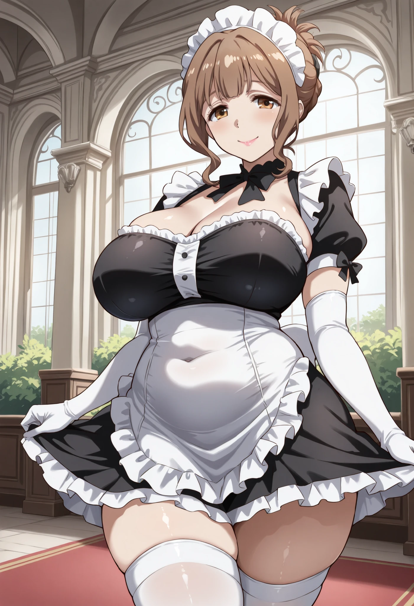 score_9, score_8_up, score_7_up, source_anime BREAK anisrnd, ahoge, short hair, brown hair, mansion, room, big breasts, looking down, open mouth, smile, maid