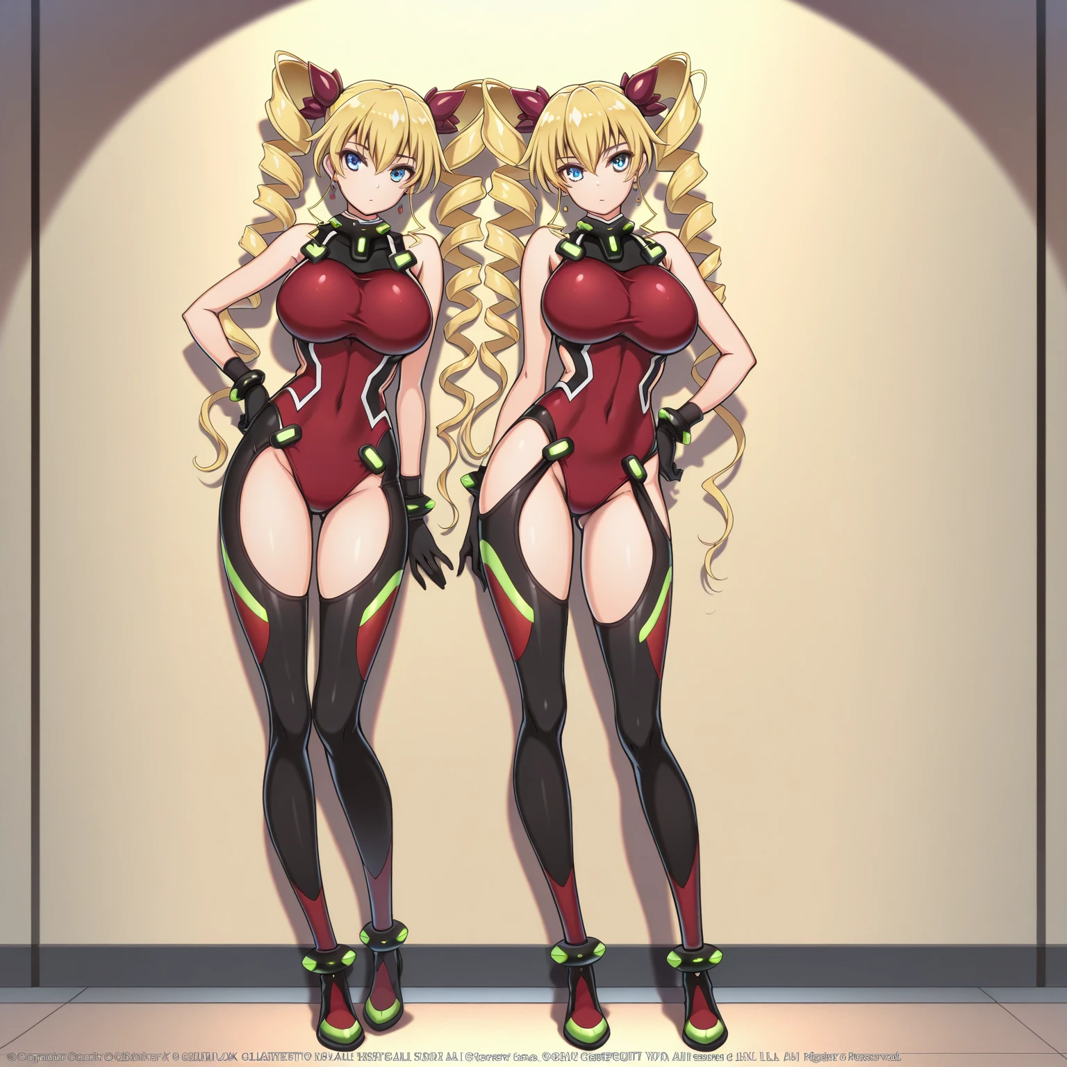 masterpiece, best quality, highres, aaharvey, long hair, twintails, twin drills, hair ribbon, red leotard, bodysuit, bare shoulders, gloves, thighs, thighhighs, <lora:claire_harvey_v1:0.7>, cowboy shot, standing, outdoors, smile,