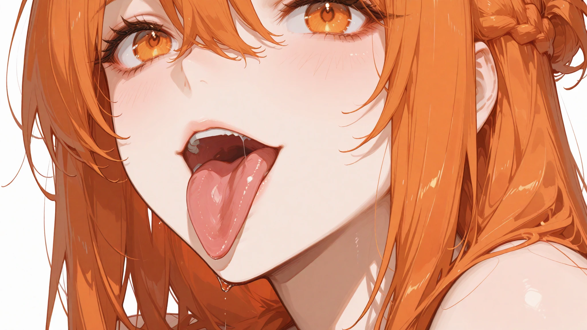 anime screenshot, one girl, Namii as a Milf, My Hero Academia style, pudgy, open mouth, long giant tongue, horny look, drooling, salivating tongue, smile, laying in bed, naked, sweaty skin, large ass, large breasts, very aroused