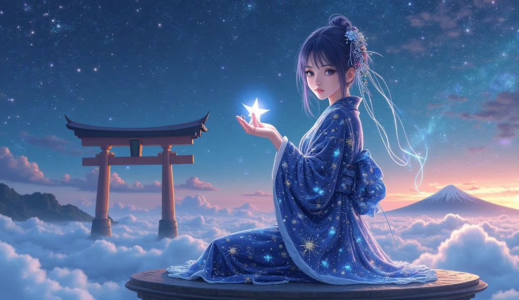 A cute little Chinese girl in Hanfu is sitting on the roof looking at the stars, the crooked moon, the sky full of stars, beautiful, cute, smiling, the background is ancient Chinese architecture, street, lantern, bustling, Kong Ming lantern - niji 5