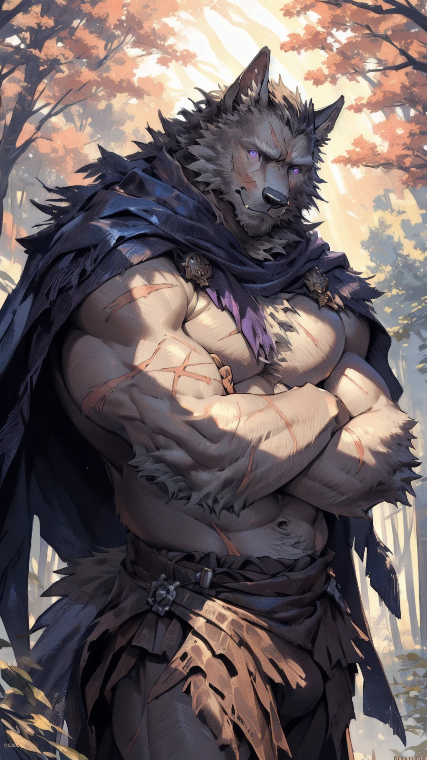 blaidd, in partial shadows, cape. 4k, high resolution, best quality, perfect colors, perfect shadows, perfect lighting, posted on e621, furry body, solo, male, adult, bare chest, masculine, (very muscular, buff, heavyweight, strong chest:1.2), correct anatomy, (photorealistic fur, detailed fur, epic, masterpiece:1.2), (dark fantasy world background, trees, black sky, night, cold), (by Taran Fiddler, by Chunie, by Traver009, by wfa:1.1), (naked body:1.2), (detailed eyes, purple eyes:1.2), (half body:1.1), serious face, strong posture, (large scars on body, scars on face:1.1), visible breath, erect penis, large penis, big penis, (veins, vascular:1.2), proud, soft shadows, (arms crossed:1.2), looking at viewer, messy fur, gruff