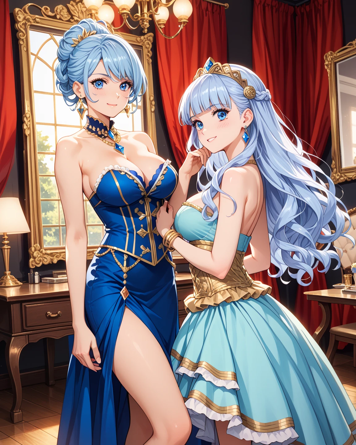 Absolutely beautiful cat lady, perfect slim body, mature royal sister, sky blue hair, royal sister face, maid outfit, sexy and alluring, beautiful face, full body portrait, standing pose, 4K picture quality, big body, feminine expression, blush shyness, outrageously large bust, deep eyes,