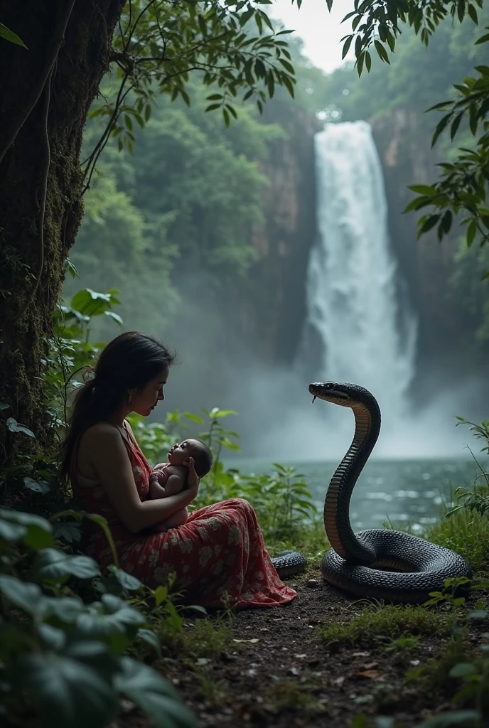 Pregnant   pink  wearing aroused  beautiful happy young Indian teen girl vs  Giant colossal black anaconda monster wrapped around her body squeezing her in coiled embrace cuddling and kissing        realistic in the rainforest full body, best quality wet 