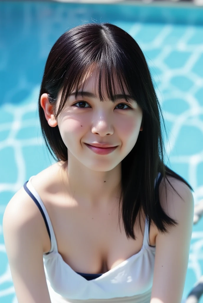 ((cinematic light, highest quality, 8K, masterpiece :1.3)), self snap, 1 girl, Beautiful girl with slender abs :1.4, (high school student, teens), (dull bangs:1.2), (black hair, huge breasts :1.3), bikini :1.2, pool, highly detailed face and skin, fine eyes, double eyelid, smile