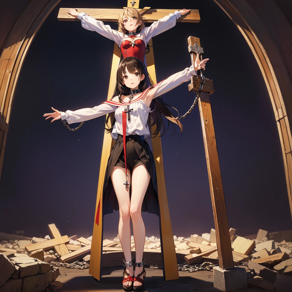 (Highly detailed CG Unity 8k), (Highest quality),(Very detailed),(Ultra-high resolution), 1 female, (white cloth gag:1.4), Rope Bondage, breasts Rope Bondage, hands back Rope Bondage, thigh Rope Bondage, bust Rope Bondage, feet Rope Bondage, Put your arms behind your hips, ankles Rope Bondage, (knee Rope Bondage:1.4), Black Hair, (Pure white wedding dress:1.3), (white long wedding veil:1.3), Wedding Tiara, (White Stockings:1.4), (White garter belt), Watery eye, church, altar, (Skirt length to floor:1.3), (White high heels:1.4), (Lots of drooling:1.3), (Urinary incontinence:1.3), (Hanging upside down from the ceiling with your ankles tied:1.3), (slender body:1.3)