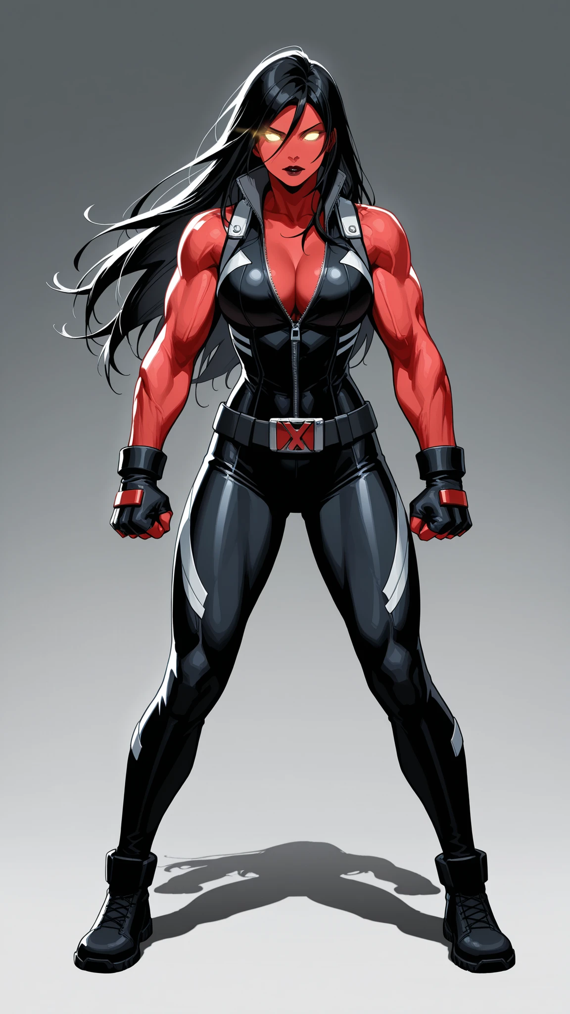 （（super high quality,））（（Ultra-high resolution,））（16K,）（super masterpiece,）（（Ultra HD ,））（Detailed shading,）Full body photo,A sexy mature woman,（（popped Tight collar Red shirts,））Folded long sleeves,Black long gloves,（（Glossy black pants, ））Black long boots,Black hair straight short,Sharp Eyes,Cleavage,Place one hand on hip,Provocative smile,necklace with cross,