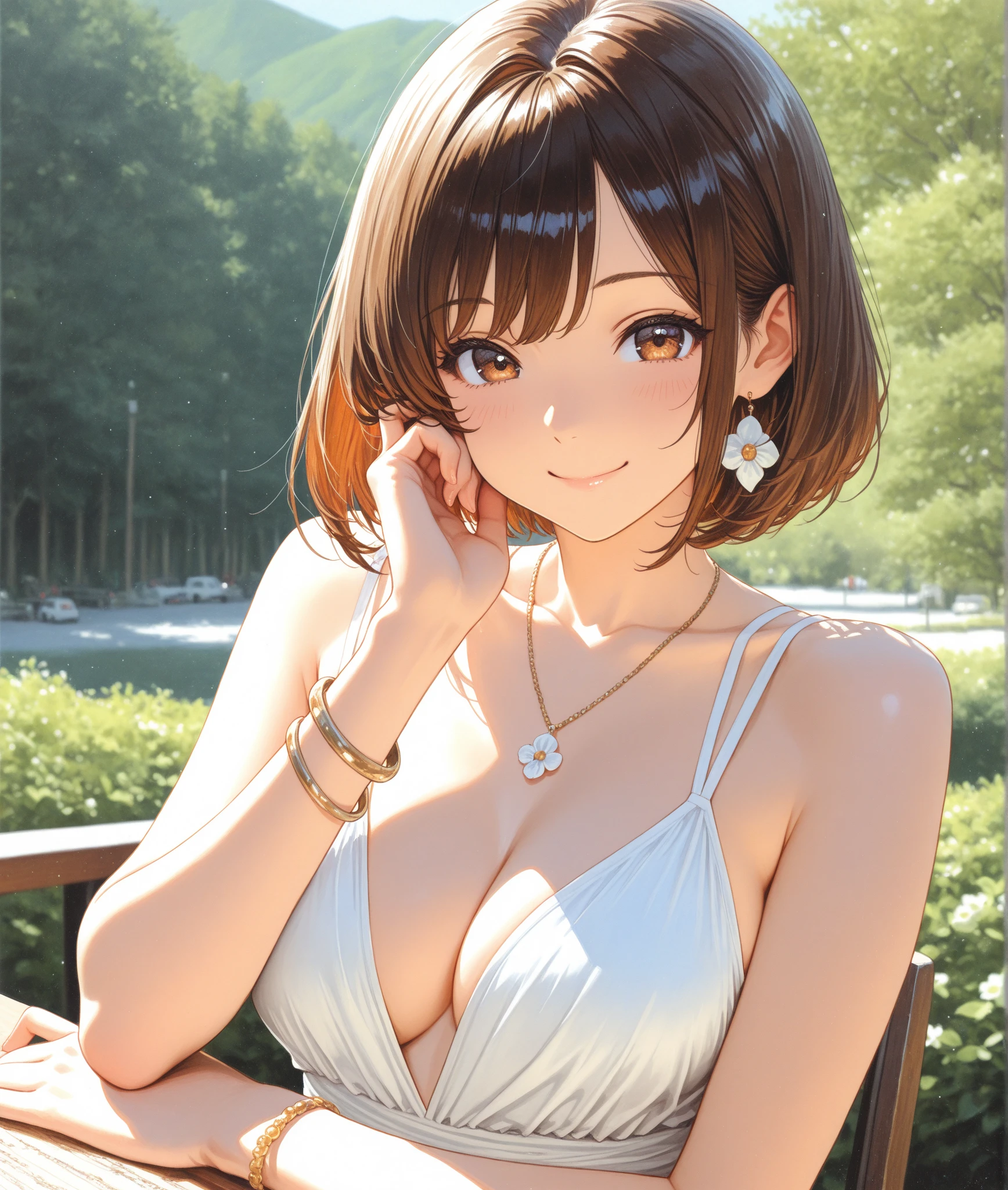 night, Original photo, (((Very beautiful portrait))), (Very beautiful portrait))), 1 Girl, Sexy 25 year old girl, ((natural brown short hair)), [Brown eyes],Smiling sweetly and looking at the camera(Cleavage), ((masterpiece, 最high quality, Super detailed, Light, Intricate details, High resolution, 8K, Very detailed)), Detailed Background, 8K UHigh resolution, Digital single-lens reflex camera, 柔和的Light, high quality, Film Grain, Fuji XT3, Shallow depth of field, Natural Light, Perfect Face