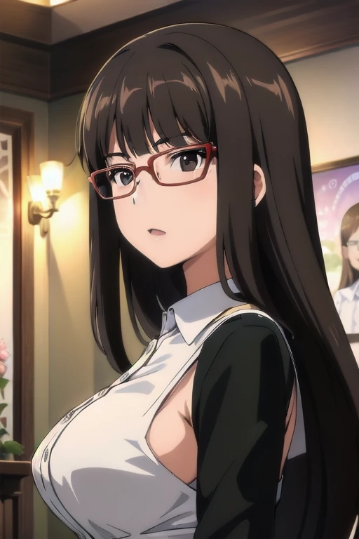 aavenus, BREAK,official art, POV, 1boy, paizuri, breast squeeze, anime screencap, upper body, 1girl, glasses, white lace bra, (large breasts:1.2), long hair, black hair, hair bow, black eyes, blush, indoors, (1990s (style):0.8), looking at viewer, nsfw, masterpiece, best quality, very aesthetic, absurdres
