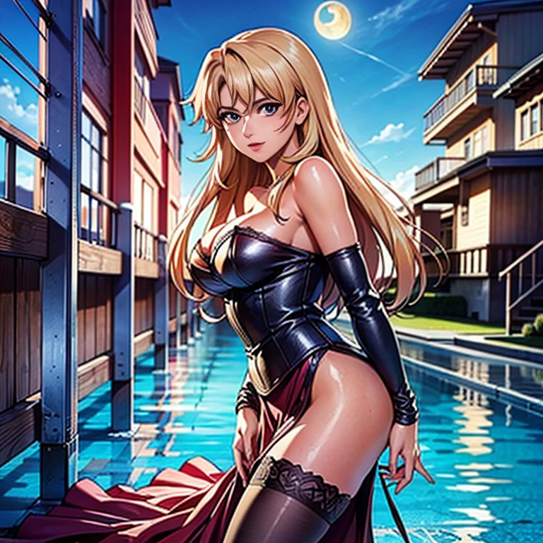 blue/brown eyes,best quality, masterpiece, 1girl, solo, kanzakiurumi, mature female, medium breasts, slender body, blond, black dress, wet dress, night, star \(sky\), heterochromia, lake, park, blue/brown eyes, cowboy shot,