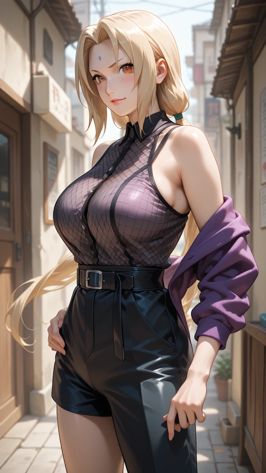 masterpiece, best quality, very aesthetic, absurdres, 1girl, mature_lady, suck own ,,yamanaka_ino, naruto_(series), naruto_shippuuden, blonde_hair, long_hair, high_ponytail, hair_over_one_eye, blue_eyes,large_breasts, bare_shoulders, midriff, purple_crop_top, earrings, Fishnet elbow pads, jewelry, purple_skirt, Fishnet stockings,on the rooftop of a tall building,blur background,background defocus