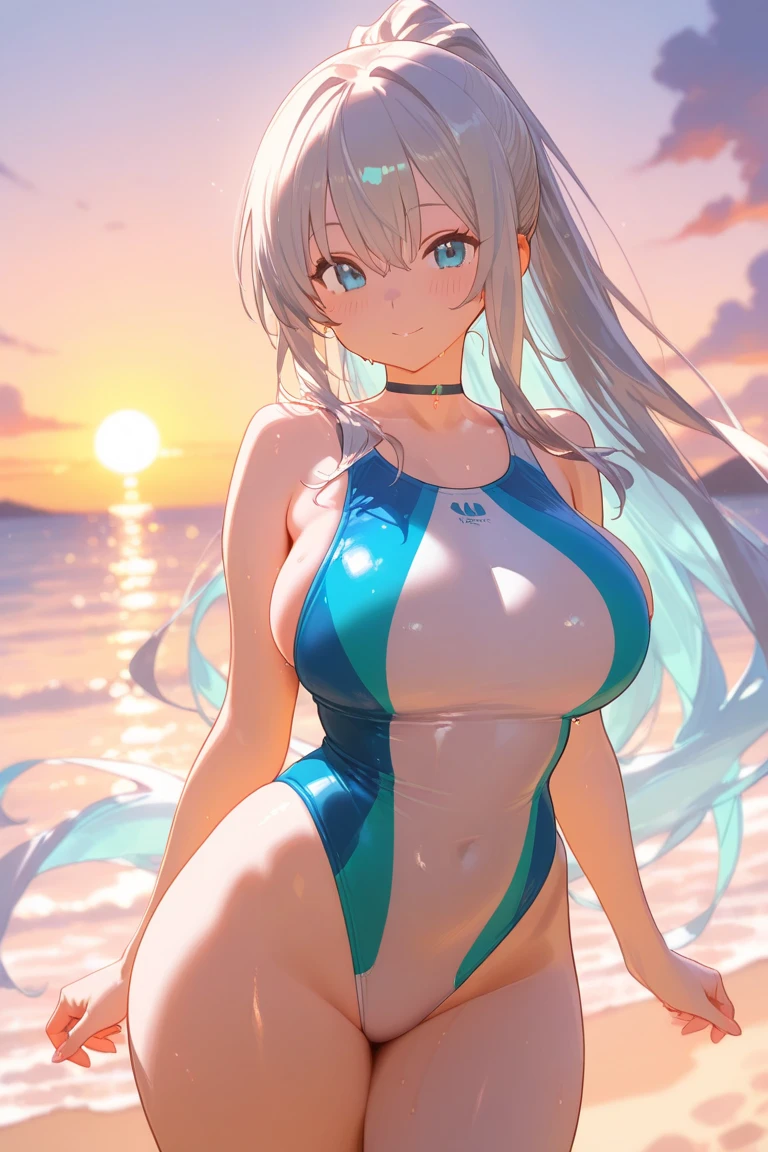 (((masterpiece))), (((highest quality))), ((Super detailed)), (Detailed CG illustration), ((very delicate and beautiful)),(cute delicate face),cinematic light,((big breasts)),((Beautiful butt)),on the sea,(((A revealing light blue swimsuit)))、((light blue long hair))、(shy smile),((floating on a float))
