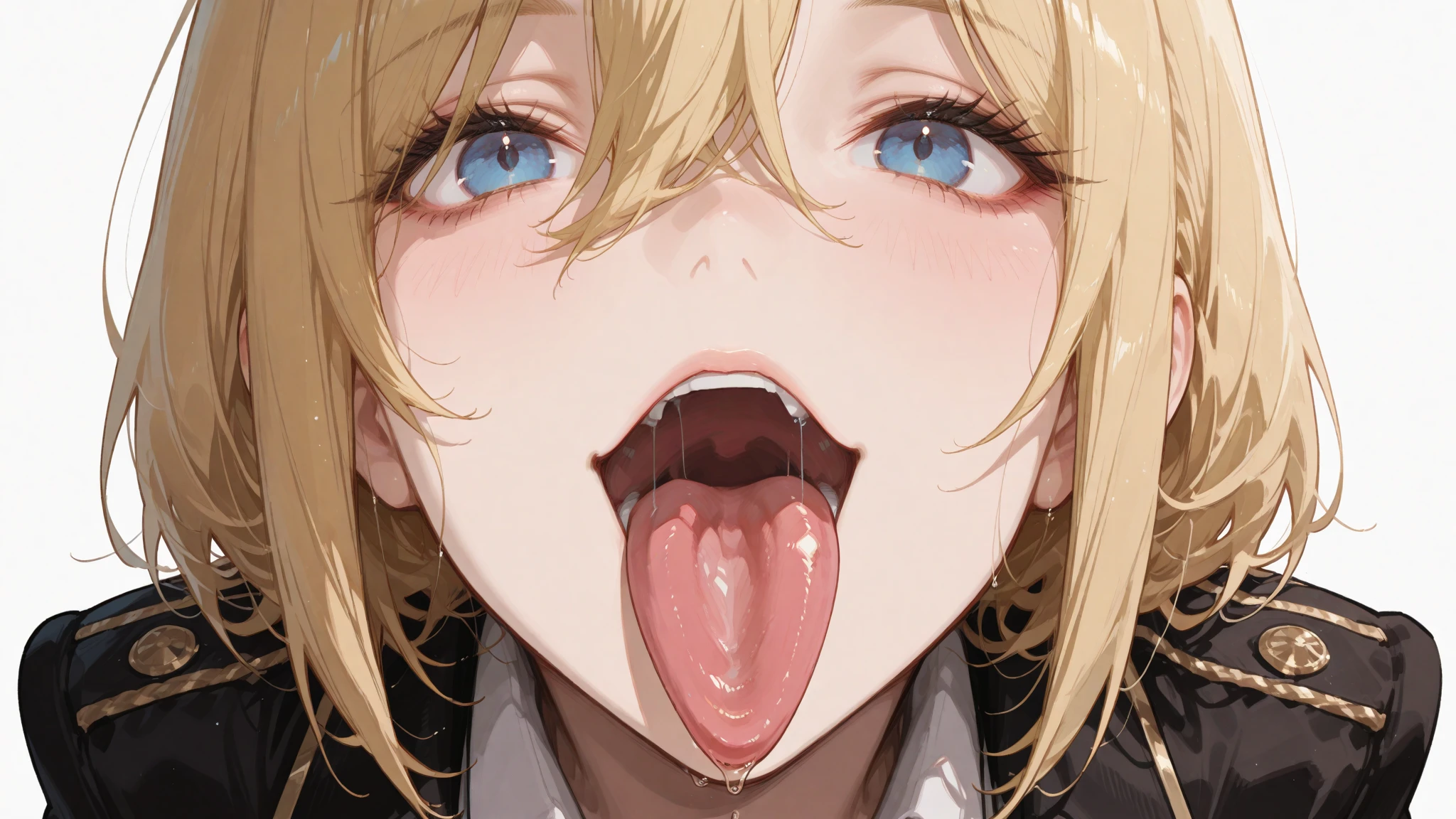 (((One girl))), blond hair, bob cut, from front, from above, Emphasize the cleavage, Seductive pose, looking at viewer, ((upper body)), reaching, ((blush)), open mouth, tongue out, wide-eyed, rolling eyes, rape face, heart-shaped pupils, saliva, ((sweat)), ((steam)), ((nervous)), black hoodie:1.3, black shorts:1.3, anime style, (best quality, 4k, 8k, highres, masterpiece:1.2, ultra-detailed, ultra-detailed eyes, HDR, UHD, studio lighting, ultra-fine painting, sharp focus, physically-based rendering, extreme detail description, professional, vivid colors, bokeh)