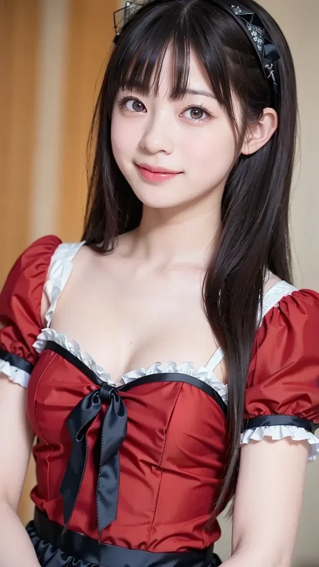 masterpiece,(best quality, illustration,detailed face:1.3),(1girl,solo:1.3),beautiful detailed eyes, apron, gradient_background, gradient, maid, purple eyes,red hair, medium breasts,, BREAK, enmaided, red_apron, red_dress, ponytail, black_footwear, frilled_apron, dress, maid_apron, alternate_hair,very long hair, split_ponytail, halo