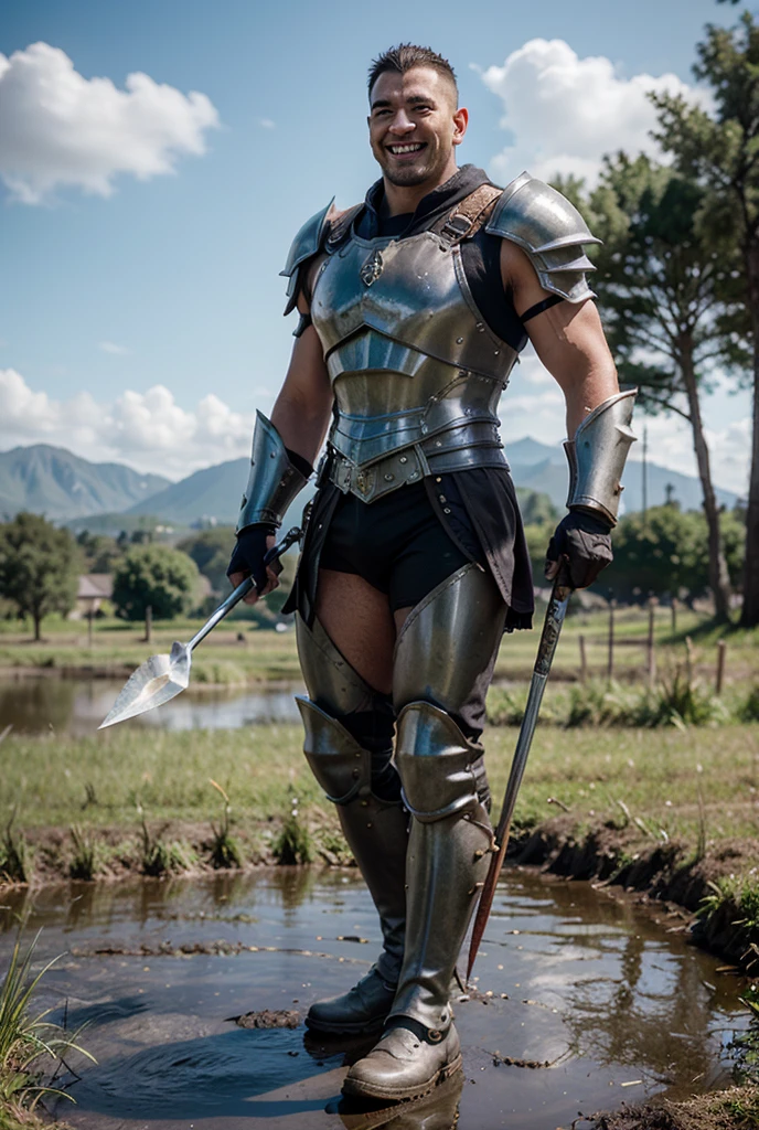 NSFW (knight in black armor with big penis) full body, standing on a deserted beach