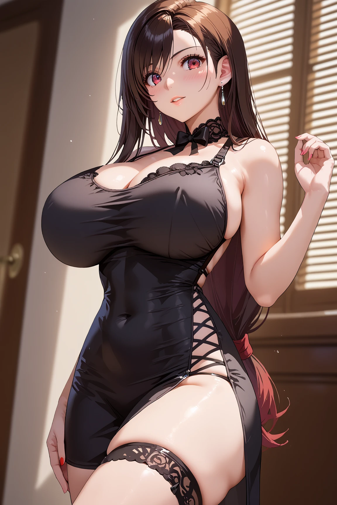 masterpiece,hyper-realistic,huge breasts,short skirt,耳环,gentle smile,shy woman,black hair,