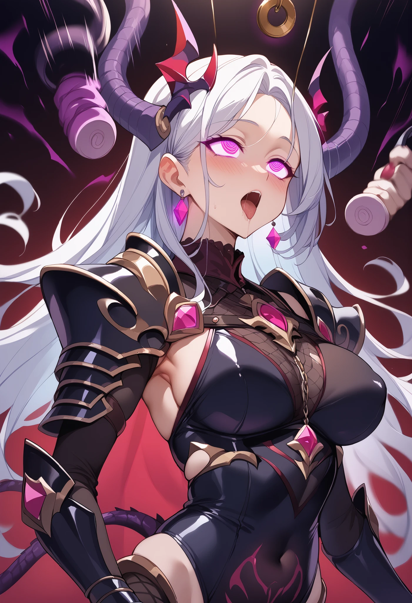 (Hypnosis, Hypnotic state), (Hypno Wave), masterpiece, High resolution, 8k, (Fall into pleasure), (corruption), He succumbs to pleasure and transforms into a dark knight., (Dark Side), (One mature woman, Model-like body), (Wears sleek black armor inspired by scorpions, A curved scorpion tail extending from its back, Seamlessly blending human and scorpion functions), Randomly changing pose,