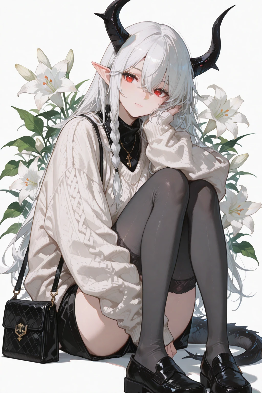 masterpiece,1girl,solo,incredibly absurdres,veil,nun,cow horns, long hair,white legwear,garden,grass,sitting,animal collar,