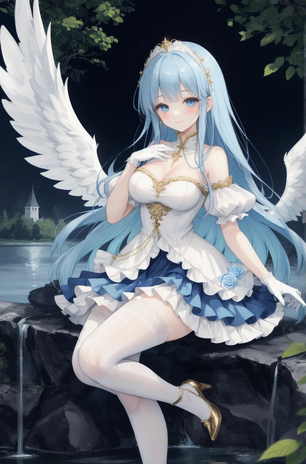4k,High resolution,one woman,harpy,blue hair,long ponytail,big breasts,big white wings,golden toenails,Princess,Princessのティアラ,underwear,Black high-leg pants,black bra,jewelry embellishments,in the forest