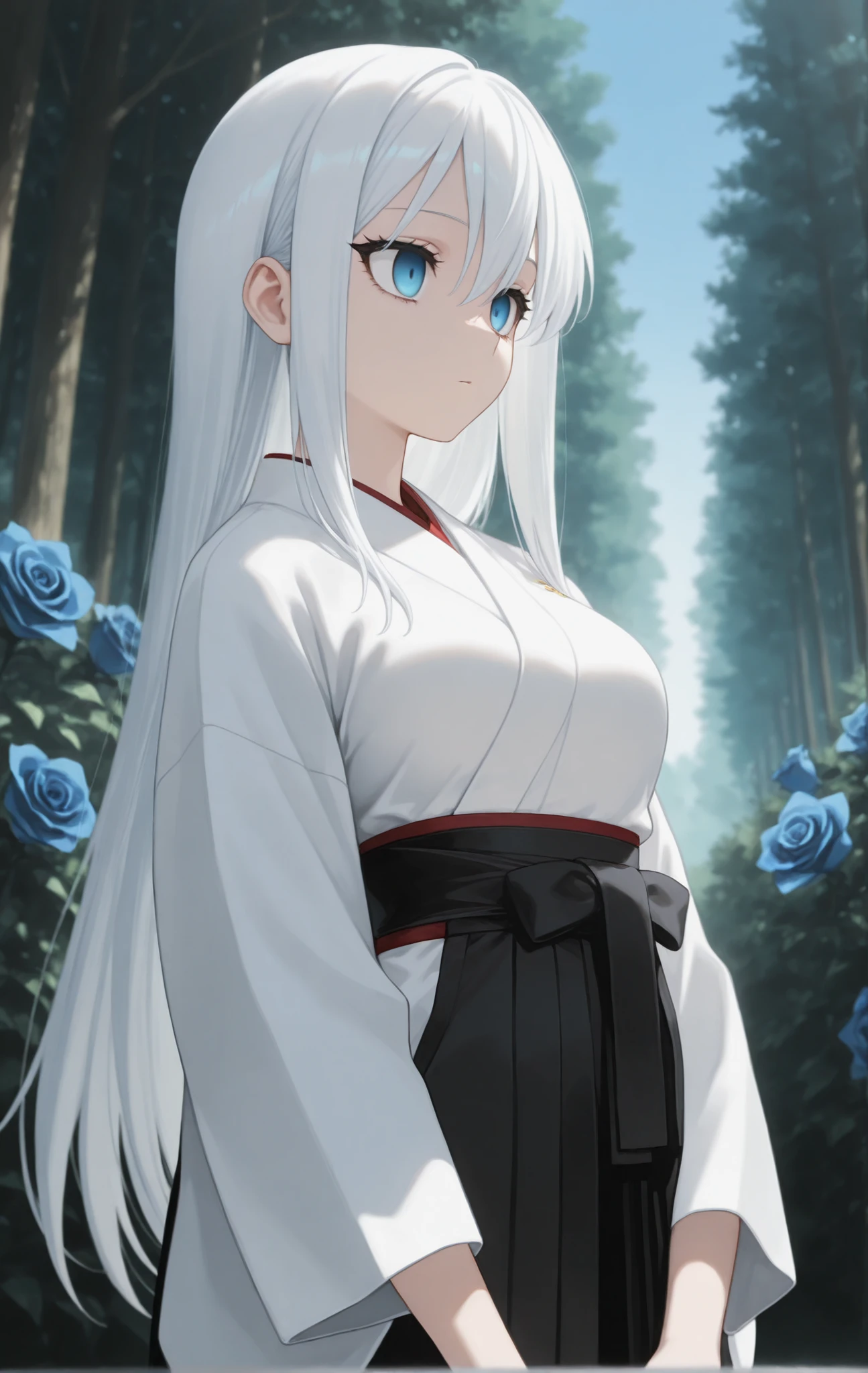 masterpiece, best quality, newest, safe, good anatomy, good resolution, good lighting. beautiful, anime, . long white hair.  sky blue eyes , empty stare. black eyelashes, piel clara, slim build, medium breasts size C.  She is 23 years old , measures 1'66 cm. looking at the spectator, Alone, Simple background, flores: Intense Blue Roses, forest. wearing clothes: white kimono and black hakama.