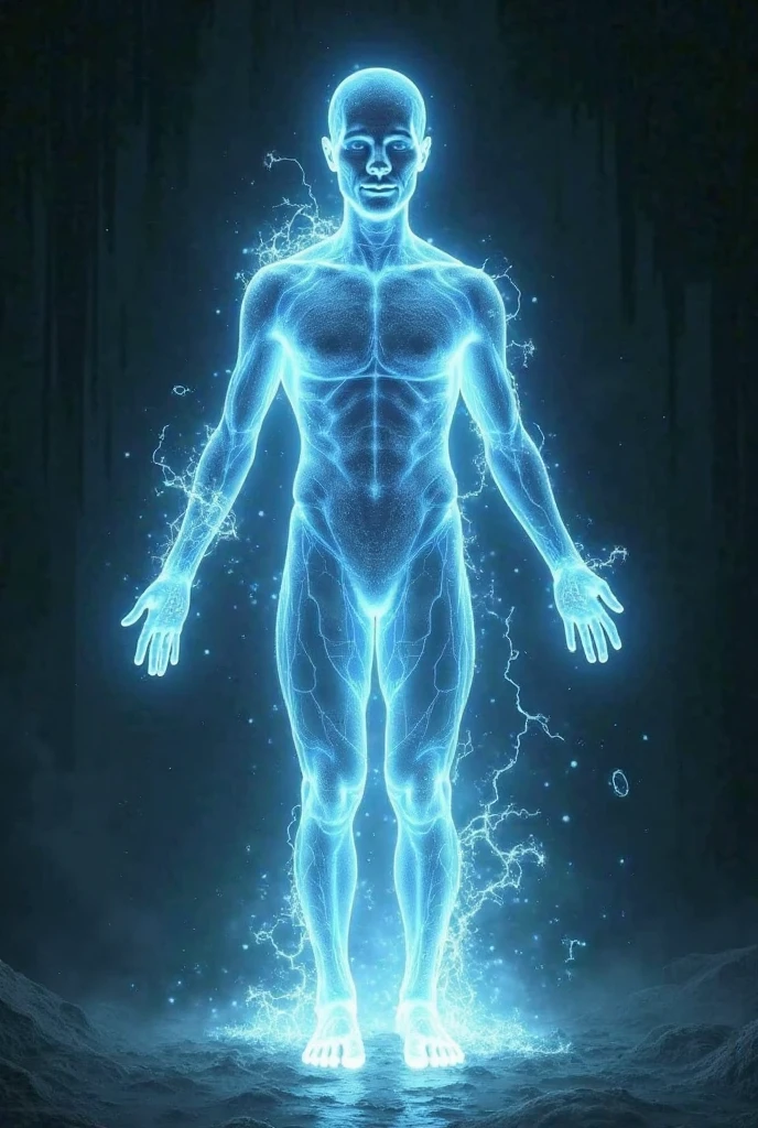 A male boy figure, glowing white and translucent, stands with arms outstretched. He has a similar energy radiating around him , with lines of light extending like energy and a shimmering aura. His features are less defined, obscured by the bright light, but he has a masculine build. The background remains a dark blue, filled with digital static and distortion.]