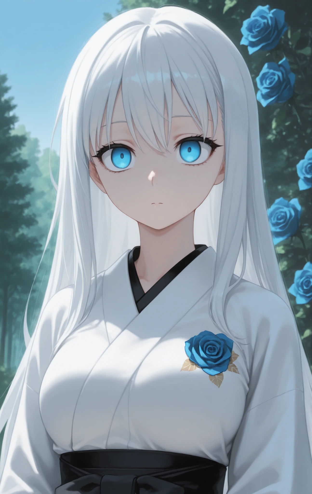 masterpiece, best quality, newest, safe, good anatomy, good resolution, good lighting. beautiful, anime, . long white hair. sky blue eyes , empty stare. black eyelashes, piel clara, slim build, medium breasts size C. She is 23 years old , measures 1'66 cm. looking at the spectator, Alone, Simple background, flores: Intense Blue Roses, forest. wearing clothes: white kimono and black hakama.