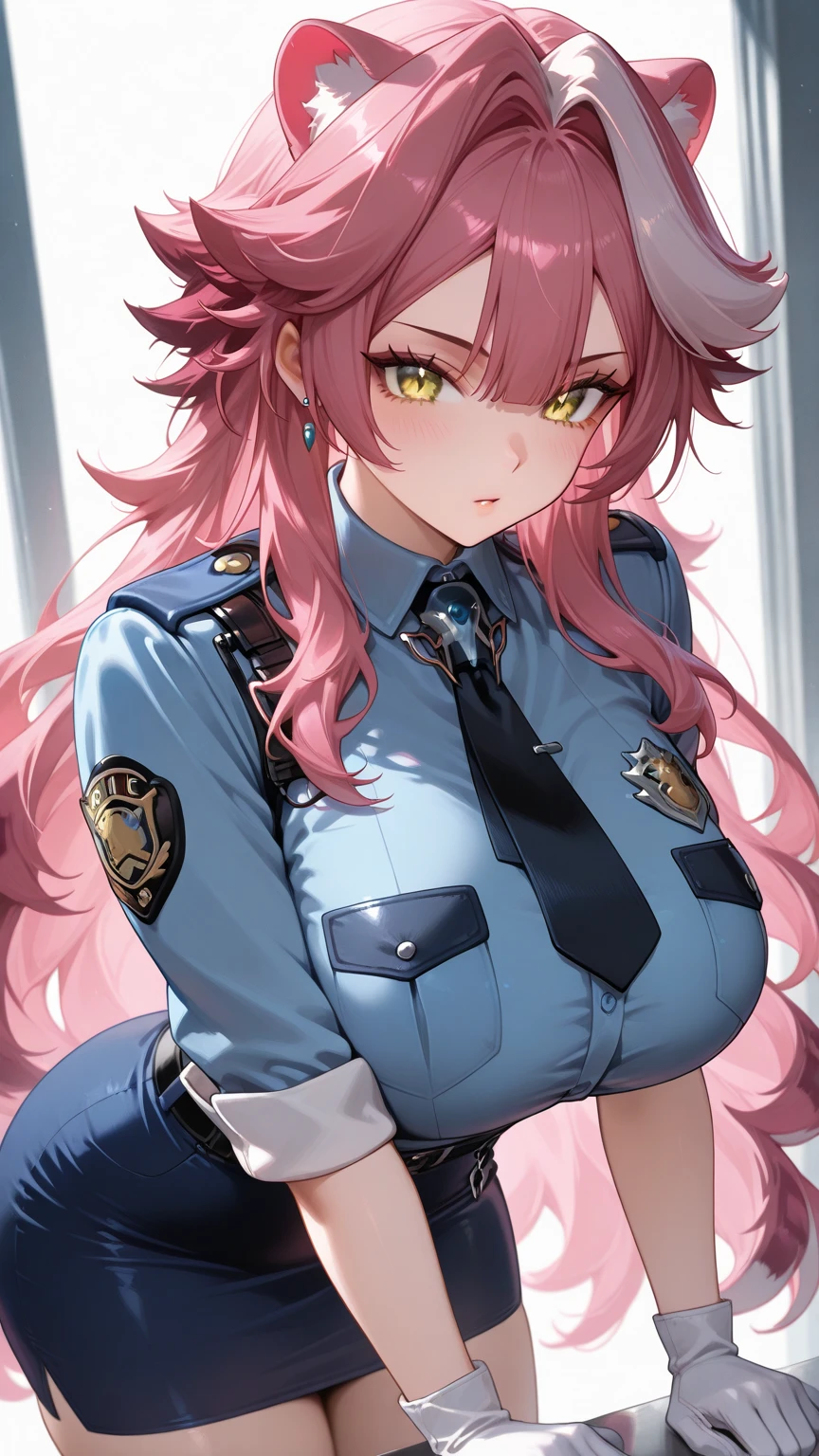 (work of art), (best resolution), 1 girl, There are some, Bela , russet hair, large breasted, abdomen,police outfit,比基尼,pink hair,black eyes,smile